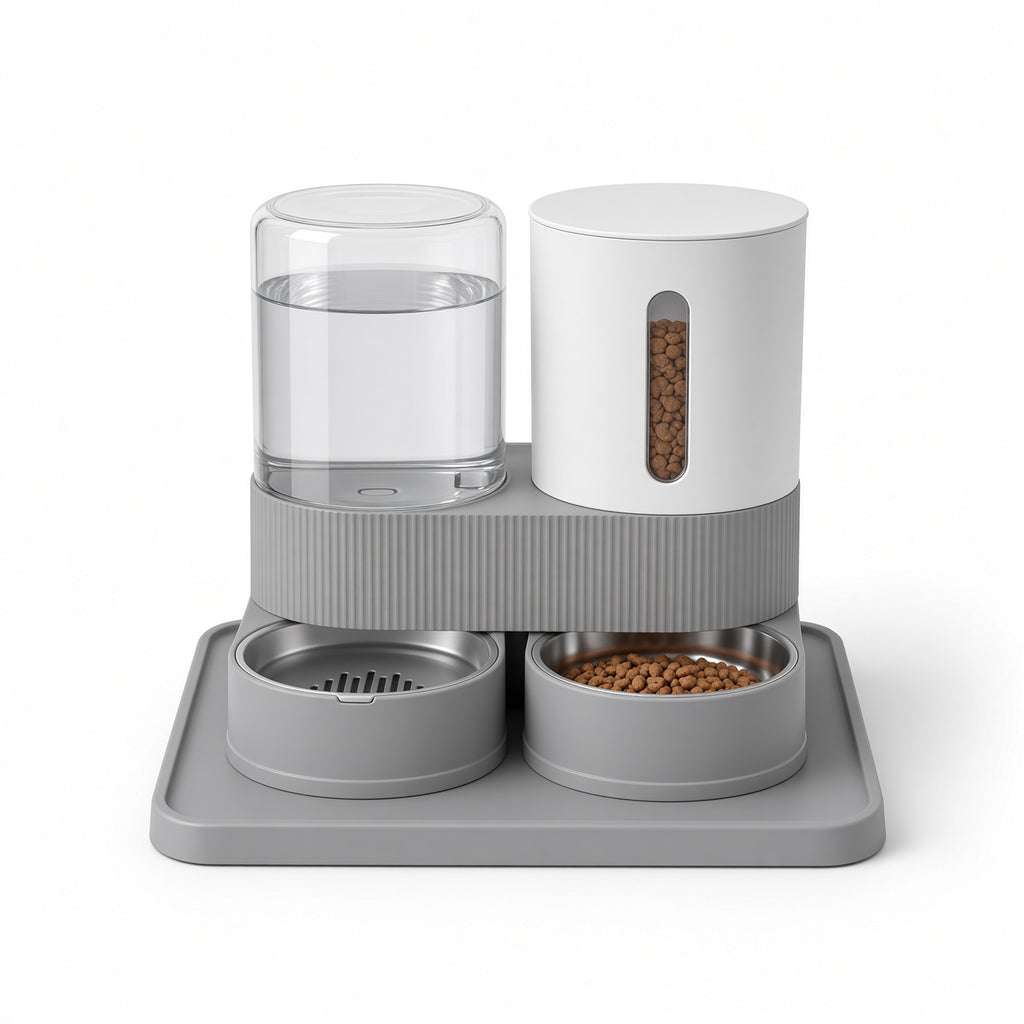 MEALIO Station gravity pet feeder and water bowl, grey base with clear water tank and white food hopper