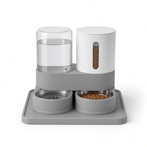 MEALIO Station gravity pet feeder and water bowl, grey base with clear water tank and white food hopper