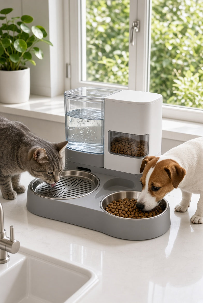 A cat drinking and a dog eating from the MEALIO Station at the same time