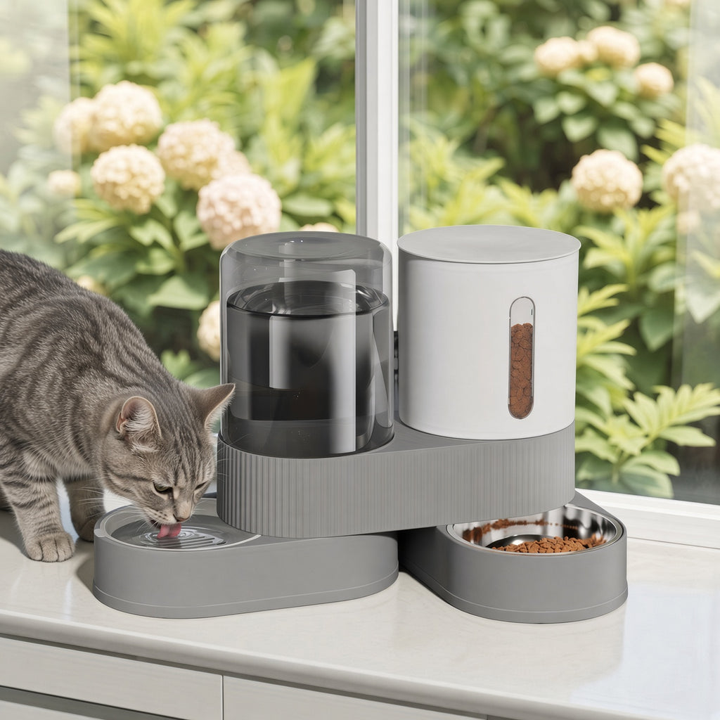 Cat drinking from the water side of the MEALIO Station on a windowsill