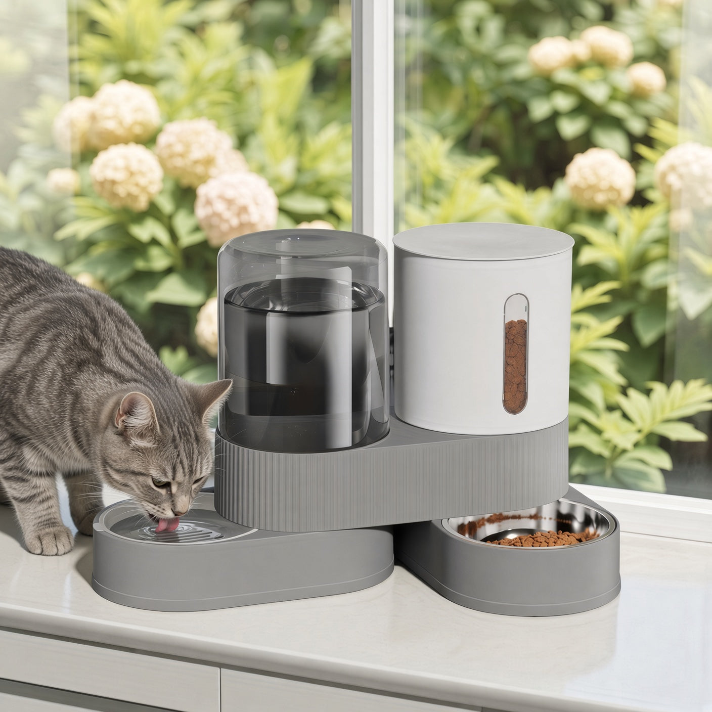 Cat drinking from the water side of the MEALIO Station on a windowsill