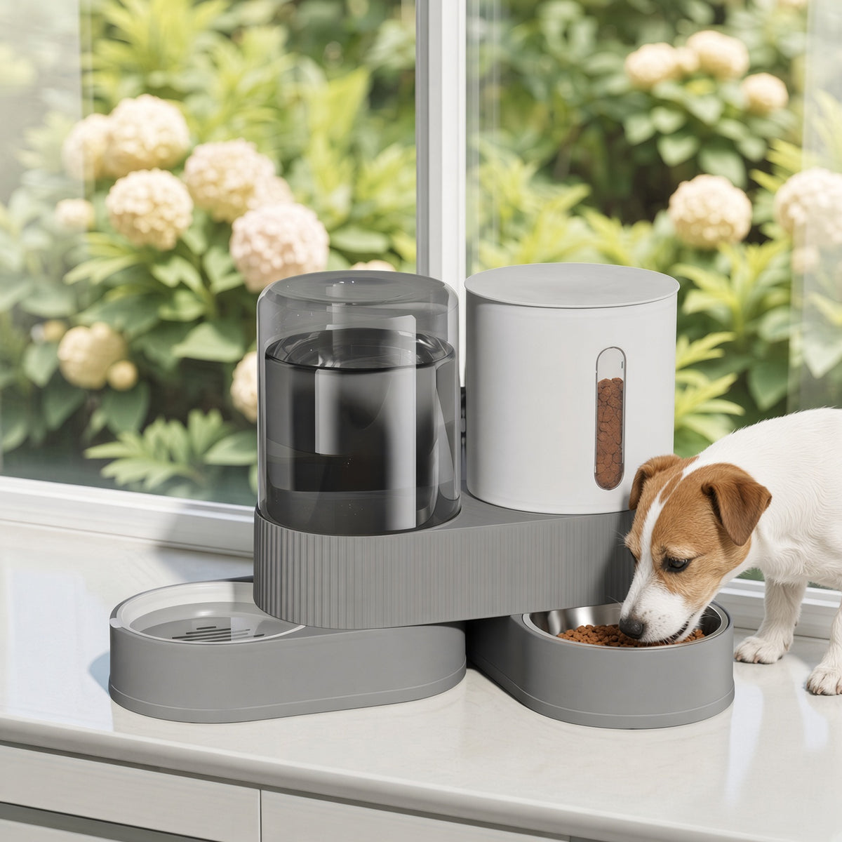 Small dog eating kibble from the stainless steel bowl of the MEALIO Station