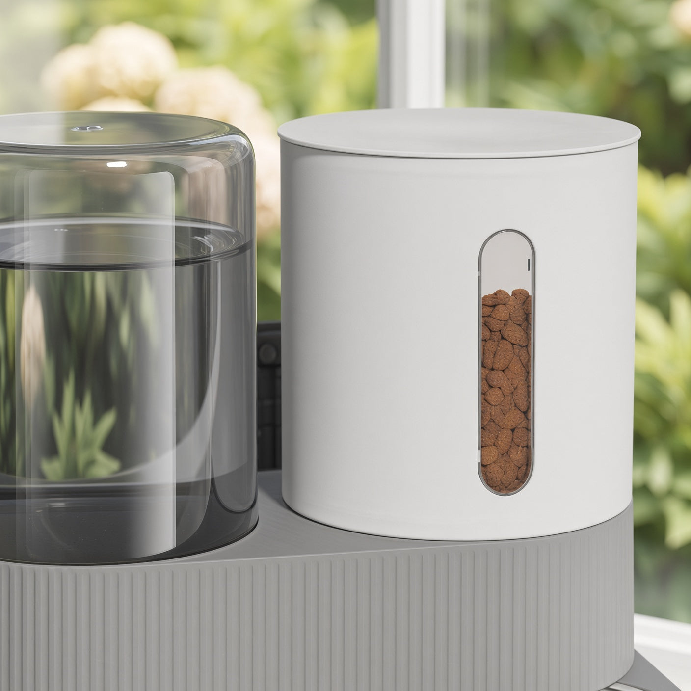 Close-up of the food hopper window showing the kibble level, beside the clear water tank