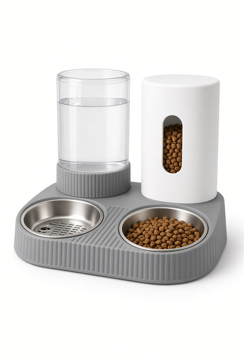 Removable stainless steel food bowl and water bowl on the MEALIO Station base